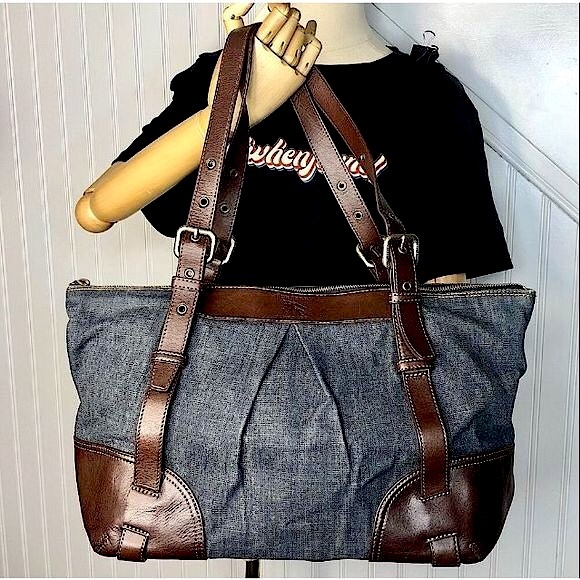 BURBERRY Denim Shoulder Bag Brown Leather Top Zip Closure Blue Label RARE - Picture 15 of 17